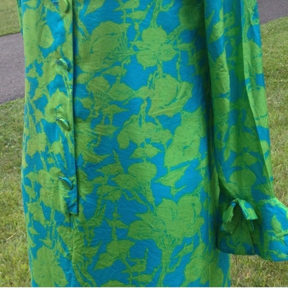 Vintage 1960s Rolled Collar Silk Cocktail Dress Blue and Green - Picture 4 of 7